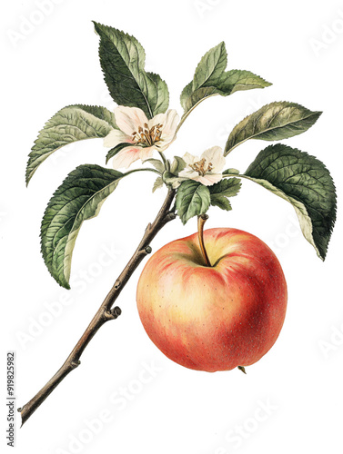 Detailed botanical illustration of vibrant red apple with leaves and flowers, showcasing natural textures and colors, vintage art style