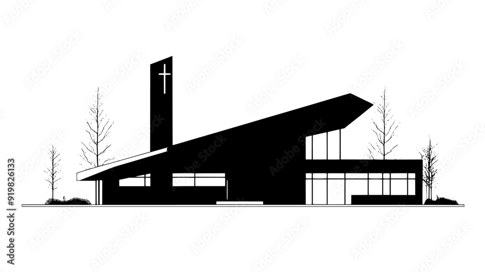 Fototapeta premium Modern chapel with minimalist design and cross on the roof, vector illustration art