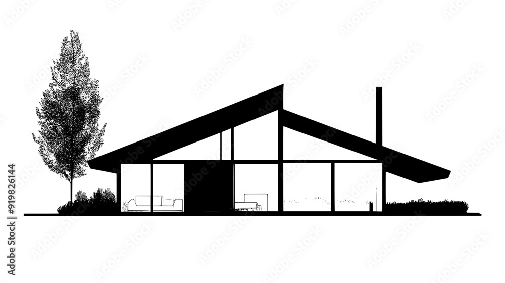 Fototapeta premium Modern structure with a sloping roof, wide glass panels, and an adjacent open courtyard, vector illustration art