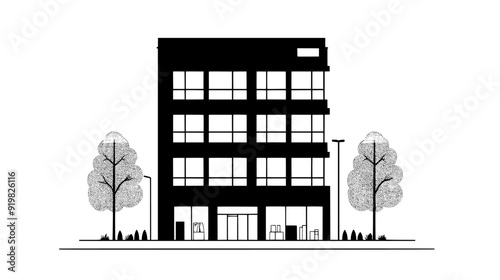 Mixed-use building with retail shops on the ground floor and offices above, vector illustration art