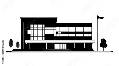 Modern city hall with glass facade, spacious plaza in front, and a flagpole standing tall nearby, vector illustration art