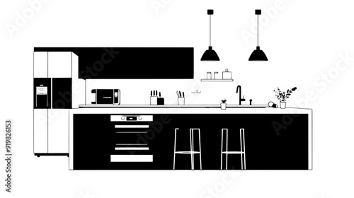 Modern kitchen setup with an island counter, surrounded by sleek cabinetry and appliances, vector illustration art