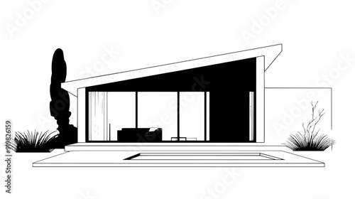 Modern villa with flat roof, large glass sliding doors, and a private swimming pool in the yard, vector illustration art