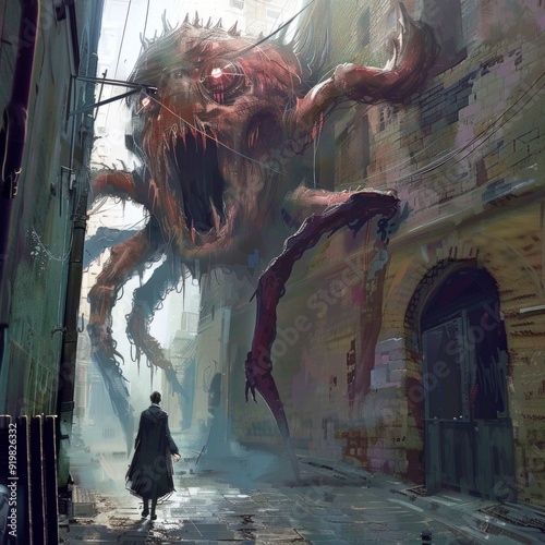 Monstrous Creature in Urban Alley Confronted by Lone Figure. Surreal digital artwork of a giant beast amid old city buildings. Ideal for horror and fantasy themes, concept art, and storytelling. AI photo