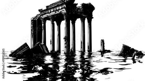Partially submerged ancient temple with broken columns and eroded carvings, vector illustration art