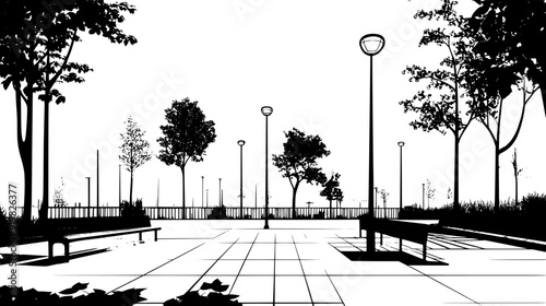 Pedestrian plaza with tiled paving, benches, and public art installations, vector illustration art