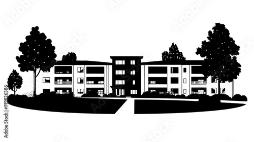 Nursing home with residential rooms, common areas, and landscaped gardens, vector illustration art