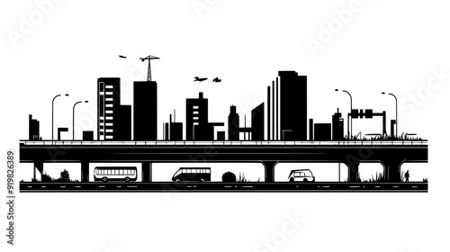 Network of pedestrian overpasses connecting buildings and crossing busy streets, vector illustration art