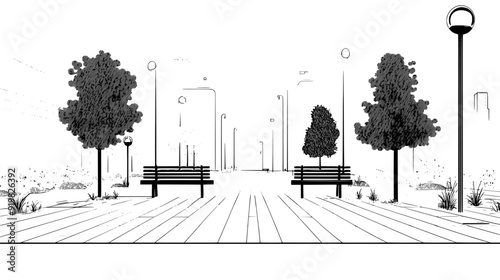 Pedestrian plaza with tiled paving, benches, and public art installations, vector illustration art