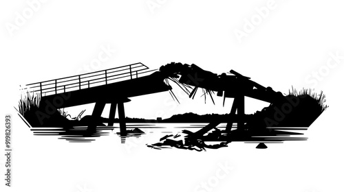 Partially collapsed bridge with debris and fallen sections in a river, vector illustration art
