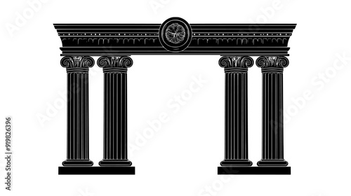 Pediment supported by fluted Ionic columns with a sculpted tympanum, vector illustration art