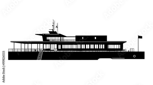 Rectangular ferry terminal with boarding ramps, main building, and surrounding water, vector illustration art