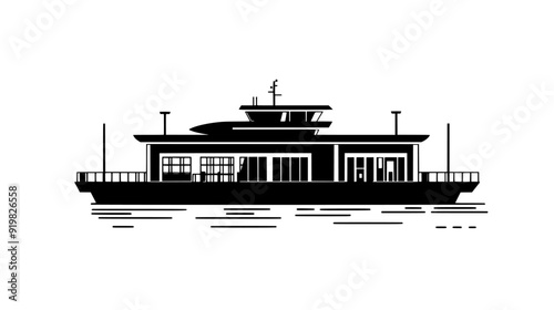 Rectangular ferry terminal with boarding ramps, main building, and surrounding water, vector illustration art