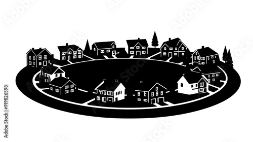 Residential cul-de-sac featuring several uniform houses arranged around a circular road, vector illustration art