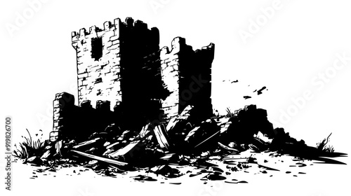 Ruined fortress with breached walls and remnants of a once-mighty gatehouse, vector illustration art