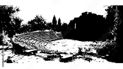 Ruined amphitheater with fallen seating rows, crumbling stage, and encroaching vegetation, vector illustration art