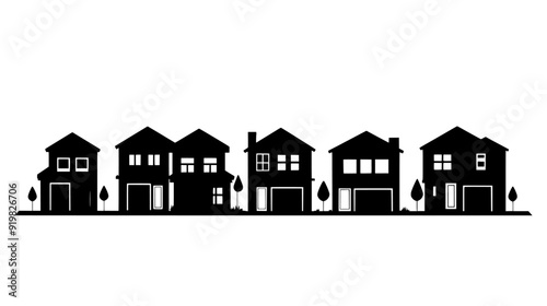 Row of suburban houses with garages, each separated by driveways and small front yards, vector illustration art