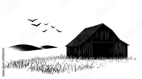 Rustic barn standing alone in an open field, with distant rolling hills in the background, vector illustration art