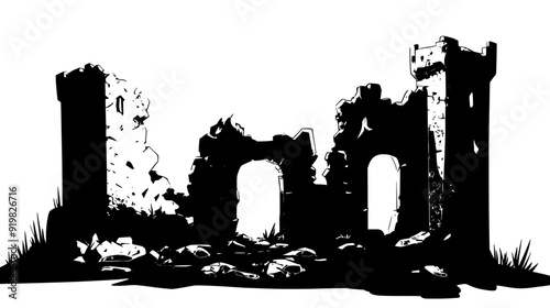 Ruined fortress with breached walls and remnants of a once-mighty gatehouse, vector illustration art