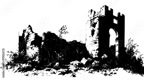 Ruined fortress with breached walls and remnants of a once-mighty gatehouse, vector illustration art