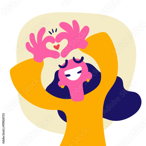 Happy girl is makin a heart sign with hands with a little heart in the middle. Love and happiness concept. Simple vector illustration in quirky colorful style.