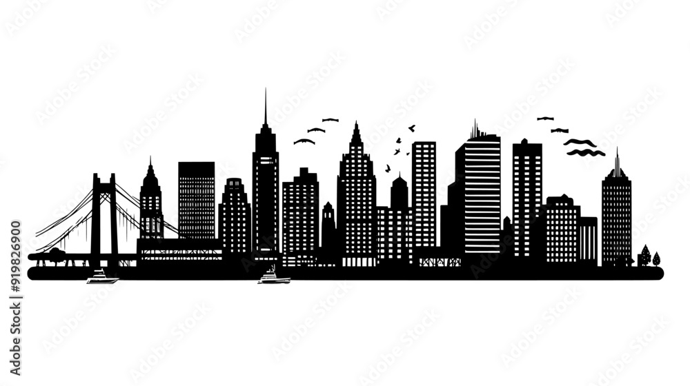 Fototapeta premium Skyline featuring a mix of historic and modern buildings, bridges, and waterfront areas, vector illustration art
