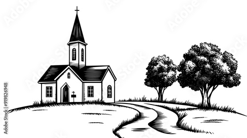 Small church with a steeple, located in a quiet rural area with a simple pathway, vector illustration art
