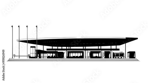 Spacious bus station with large central canopy, multiple platforms, and adjacent ticketing offices, vector illustration art