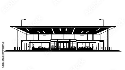 Spacious bus station with large central canopy, multiple platforms, and adjacent ticketing offices, vector illustration art
