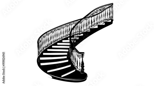 Spiral staircase with a wrought iron railing and a polished wooden handrail, vector illustration art