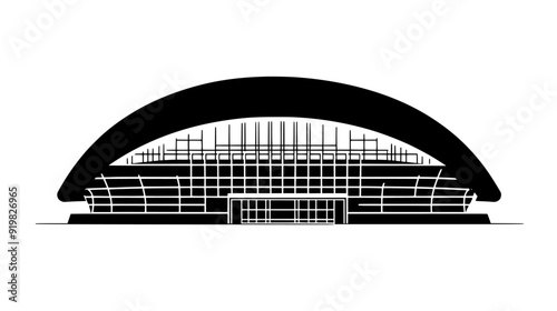 Sports stadium with elliptical shape, retractable roof, and exterior grid-like pattern, vector illustration art