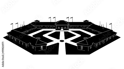 Sprawling complex with multiple wings connected by covered walkways and landscaped gardens, vector illustration art