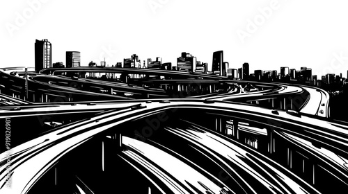 Sprawling network of elevated highways, interweaving and crossing above a dense urban area, vector illustration art
