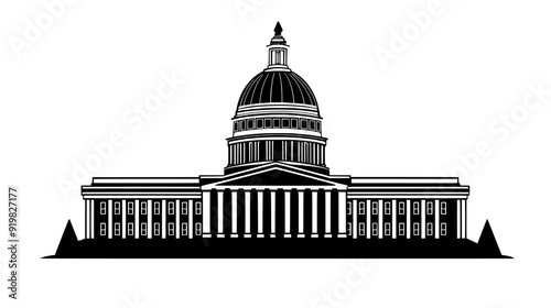 A state capitol building with a large central dome, symmetrical wings, and expansive steps leading to the entrance, vector illustration art
