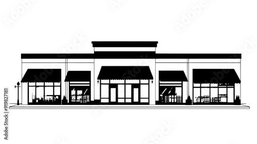 Strip mall with several store fronts, awnings, and a shared parking area, vector illustration art