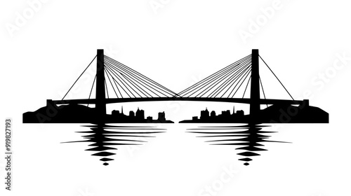 Suspension bridge spanning a wide river, connecting two urban areas, vector illustration art