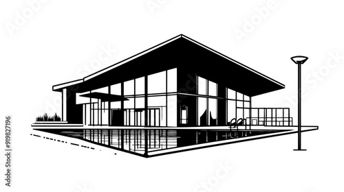 Swimming facility with a rectangular building, large glass doors, and an adjacent pool area, vector illustration art