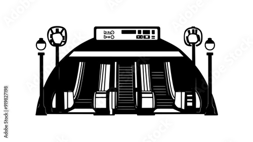 Subway system with underground tunnels, station platforms, and entrance escalators, vector illustration art