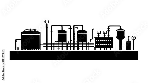 Waste treatment facility with processing tanks, filtration systems, and monitoring stations, vector illustration art