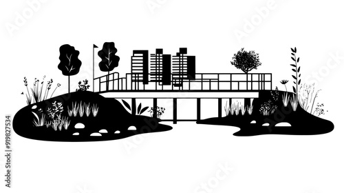 Waterfront promenade with a boardwalk, landscaped gardens, and viewing platforms, vector illustration art