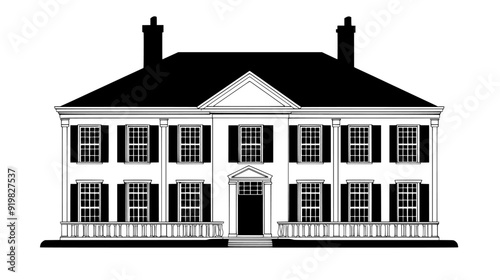 Well-preserved colonial-era mansion with symmetrical windows and a pitched roof, vector illustration art