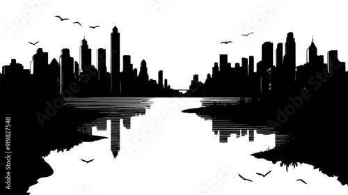 Wide-angle view of a city skyline with various building heights and a central river, vector illustration art