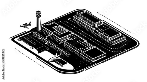 Aerial view of airport terminal buildings and adjacent parking lots, vector illustration art