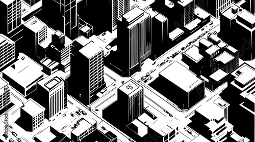 Aerial perspective of a bustling downtown area, featuring numerous buildings and intersecting streets, vector illustration art