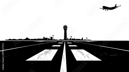 Airport runway with taxiing aircraft, control tower visible in the background, vector illustration art