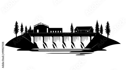 Water reservoir with a dam structure, spillway, and adjacent control buildings, vector illustration art
