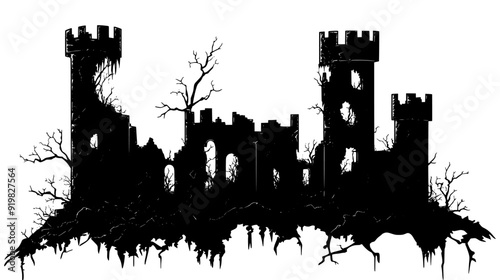 Abandoned castle with deteriorating walls and vines, vector illustration art
