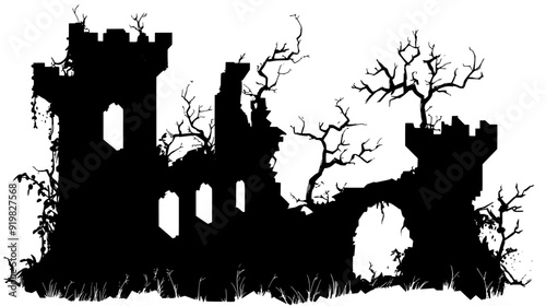 Abandoned castle with deteriorating walls and vines, vector illustration art