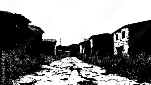 Abandoned village with crumbling buildings, empty streets, and nature reclaiming the area, vector illustration art