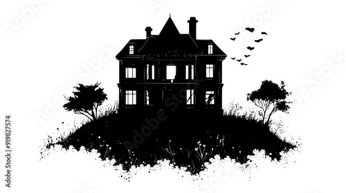 An abandoned mansion with broken windows, collapsing walls, and overgrown gardens, vector illustration art